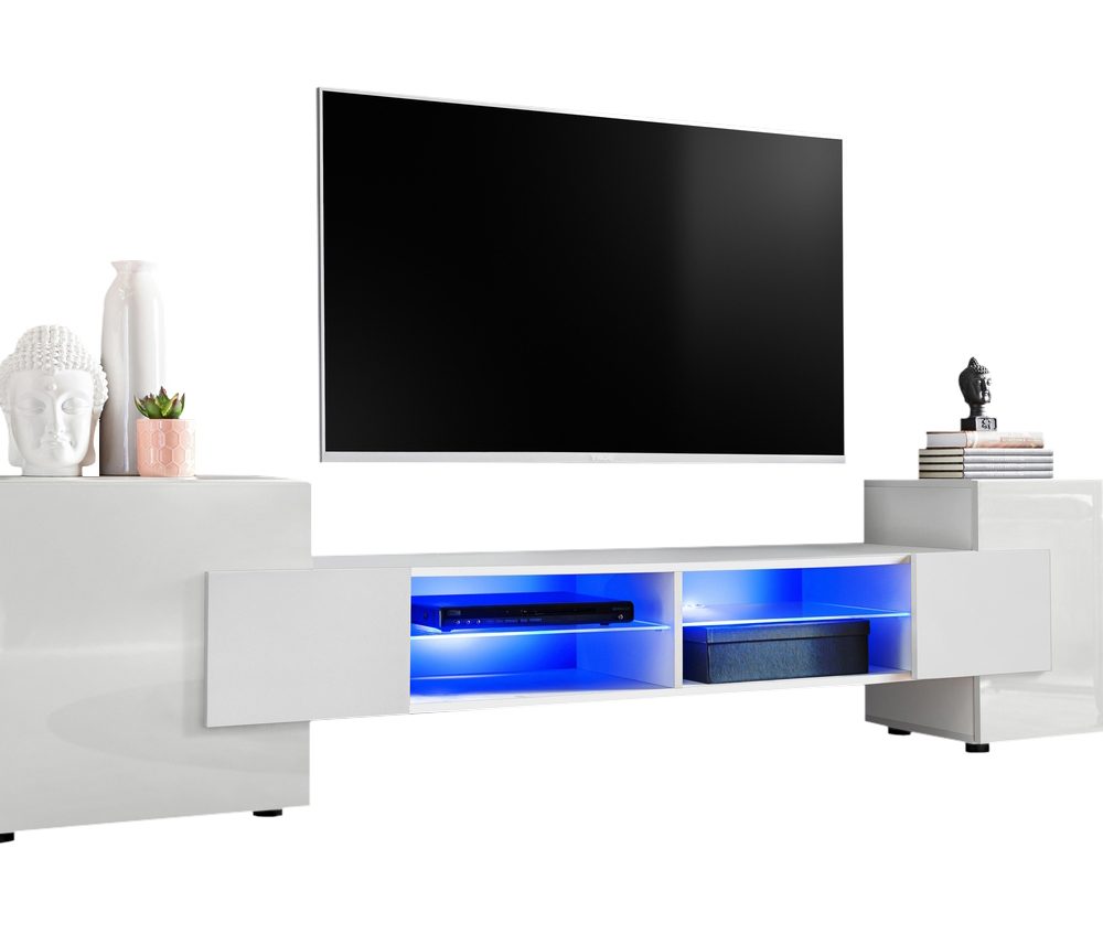 TV Schrank Merano, Weiß/Weiß LED-Beleuchtung Blau