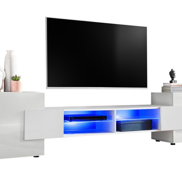 TV Schrank Merano, Weiß/Weiß LED-Beleuchtung Blau