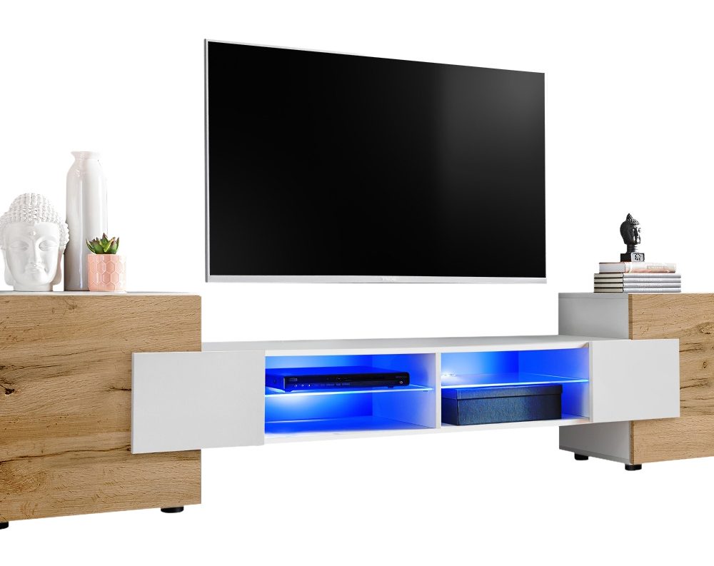 TV Schrank Merano, Weiß/Wotan LED-Beleuchtung Blau