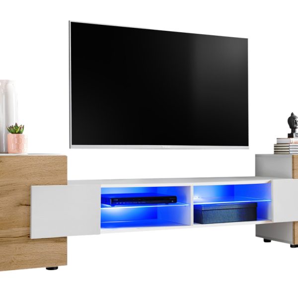 TV Schrank Merano, Weiß/Wotan LED-Beleuchtung Blau
