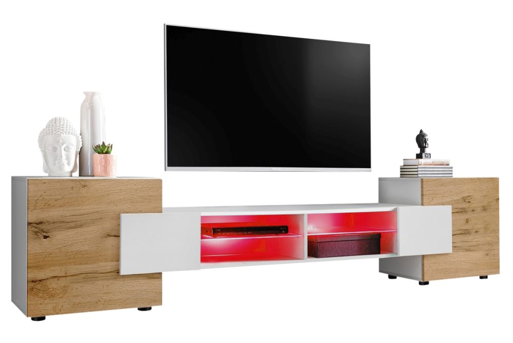 IRTVA0200004W04LRXXX_00 TV Schrank Merano, Weiß/Wotan, RGB LED Beleuchtung – Bild 1