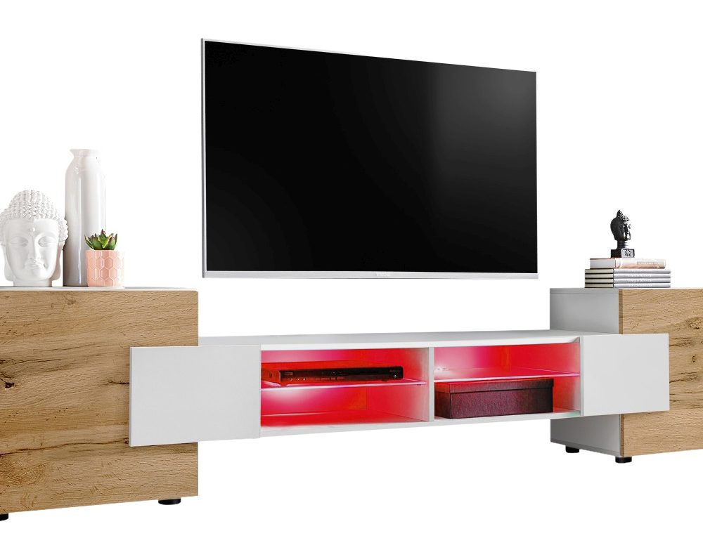 TV Schrank Merano, Weiß/Wotan, RGB LED Beleuchtung