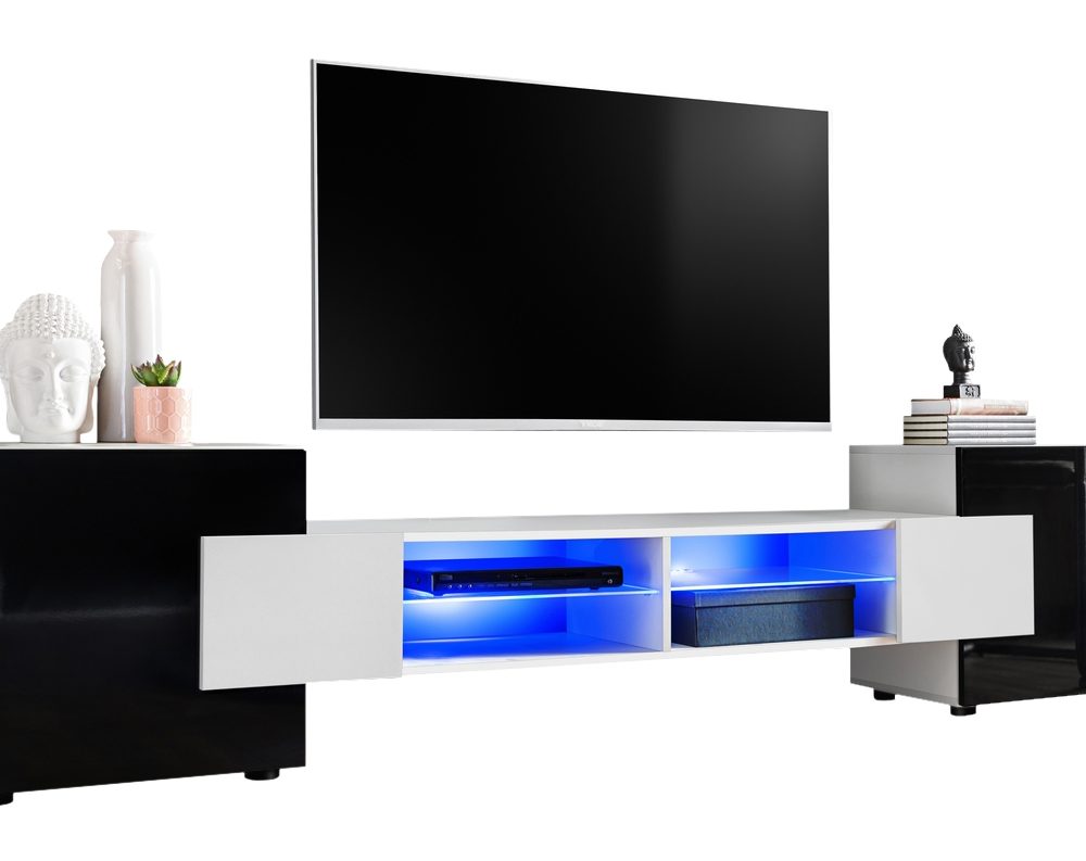 TV Schrank Merano, weiß/schwarz LED-Beleuchtung blau