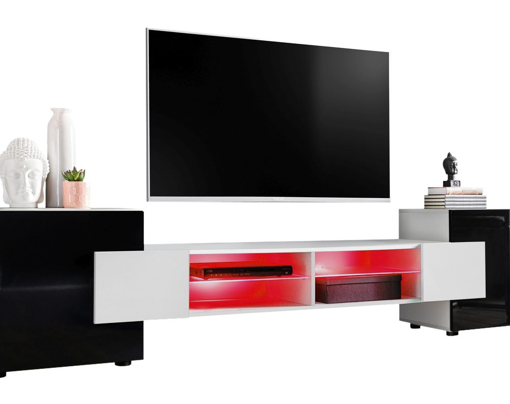 TV Schrank Merano, Weiß/Schwarz RGB LED Beleuchtung