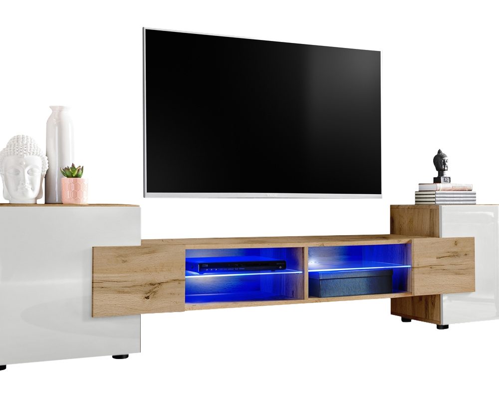 TV Schrank Merano, Wotan/Weiß LED Beleuchtung Blau