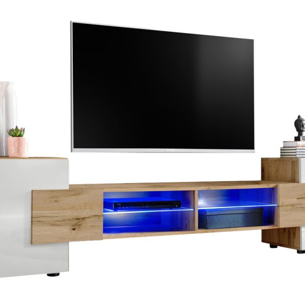 TV Schrank Merano, Wotan/Weiß LED Beleuchtung Blau