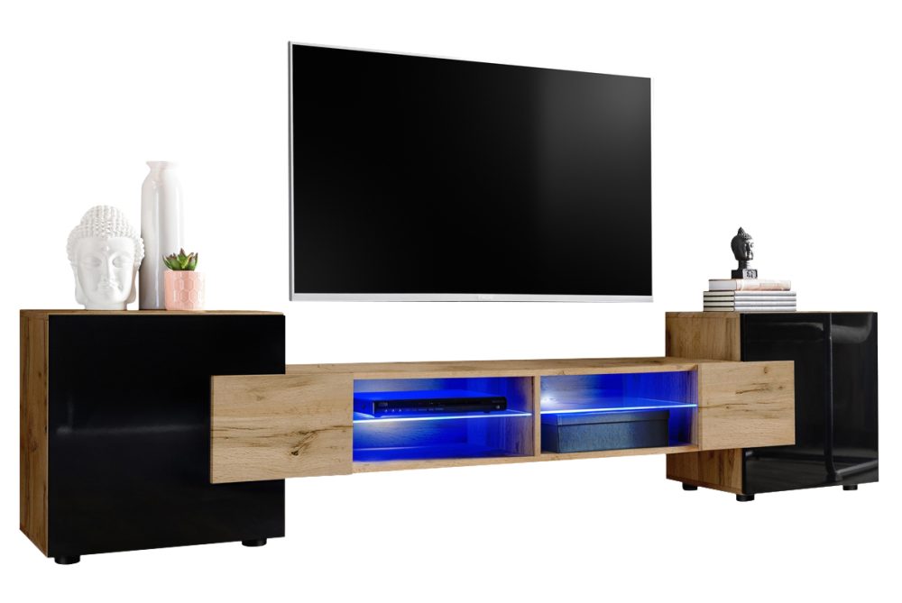 IRTVA024W049003L1XXX_00 TV Schrank Merano, Wotan/Schwarz LED-Beleuchtung Blau – Bild 1