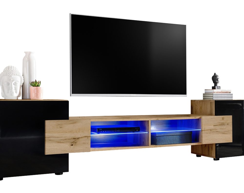 TV Schrank Merano, Wotan/Schwarz LED-Beleuchtung Blau