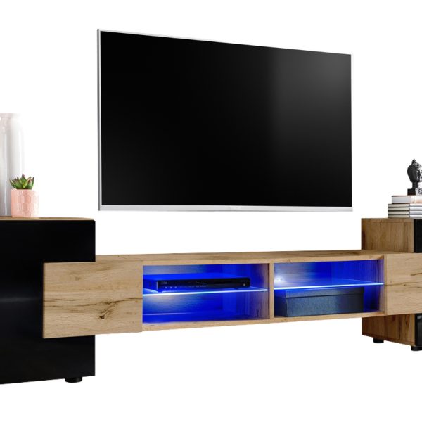 TV Schrank Merano, Wotan/Schwarz LED-Beleuchtung Blau