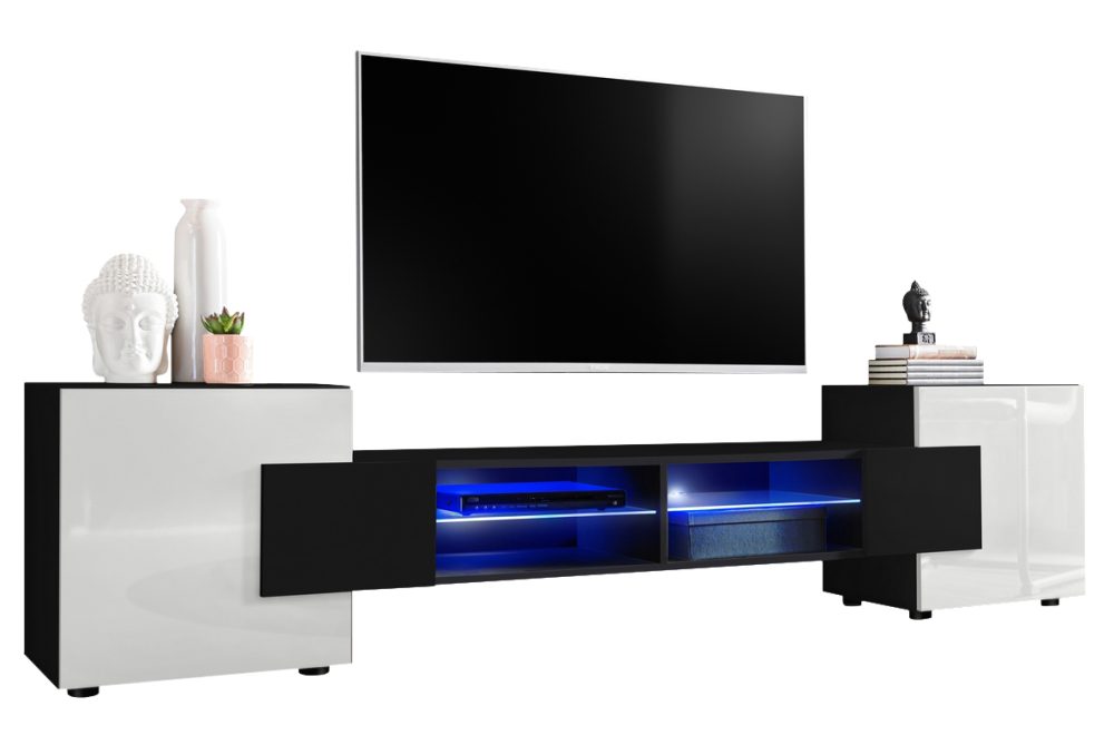 IRTVA0290000003L1XXX_00 TV Schrank Merano, Schwarz/Weiß LED-Beleuchtung Blau – Bild 1