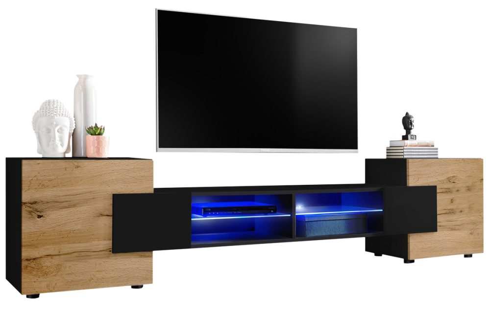 IRTVA0290004W04L1XXX_00 TV Schrank Merano, Schwarz/Wotan LED Beleuchtung Blau – Bild 1