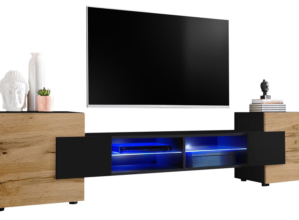 TV Schrank Merano, Schwarz/Wotan LED Beleuchtung Blau