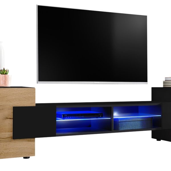 TV Schrank Merano, Schwarz/Wotan LED Beleuchtung Blau