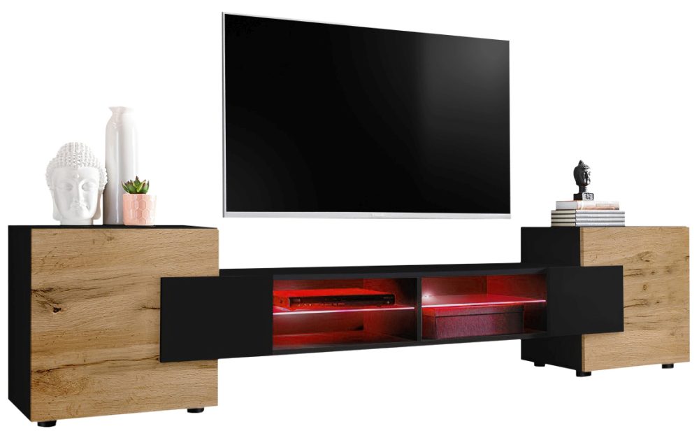 IRTVA0290004W04LRXXX_00 TV Schrank Merano, Schwarz/Wotan, RGB LED Beleuchtung – Bild 1