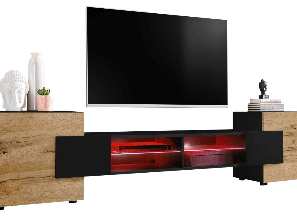 TV Schrank Merano, Schwarz/Wotan, RGB LED Beleuchtung