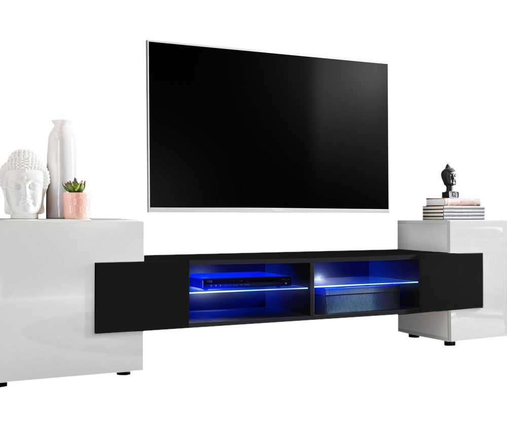 TV Schrank Merano, weiß/schwarz LED-Beleuchtung blau