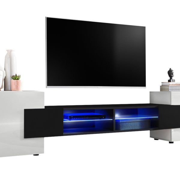 TV Schrank Merano, weiß/schwarz LED-Beleuchtung blau