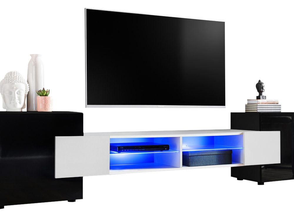 TV Schrank Merano, Schwarz/Weiß LED-Beleuchtung Blau