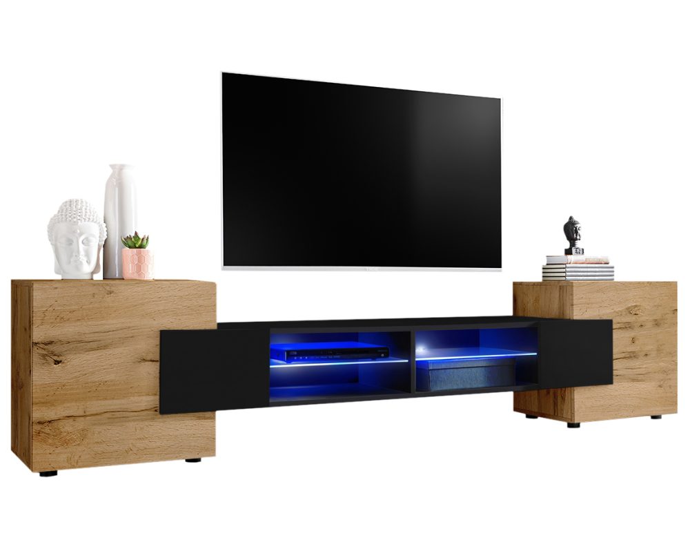 IRTVA02A02D4W04L1XXX_00 TV Schrank Merano, Wotan/Schwarz LED-Beleuchtung Blau – Bild 1