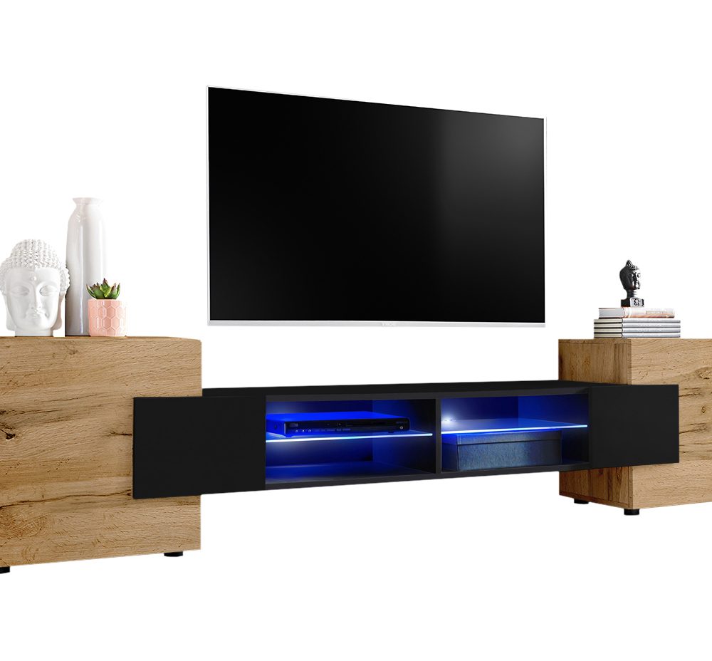 TV Schrank Merano, Wotan/Schwarz LED-Beleuchtung Blau