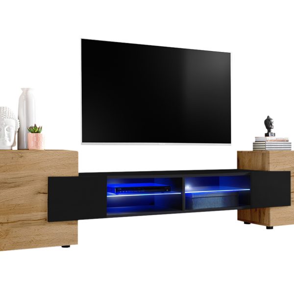TV Schrank Merano, Wotan/Schwarz LED-Beleuchtung Blau