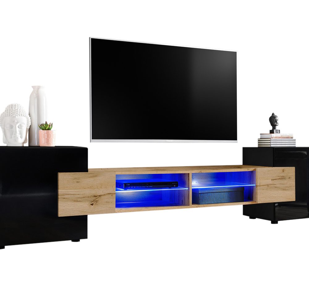 TV Schrank Merano, Wotan/Schwarz LED-Beleuchtung Blau