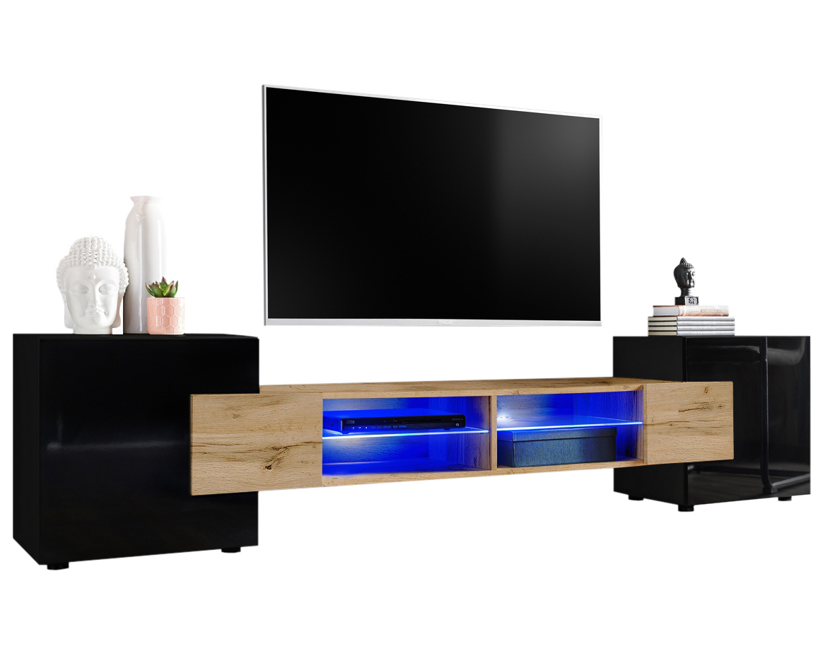 IRTVA02A02D9003L1XXX_00 TV Schrank Merano, Wotan/Schwarz LED-Beleuchtung Blau – Bild 1