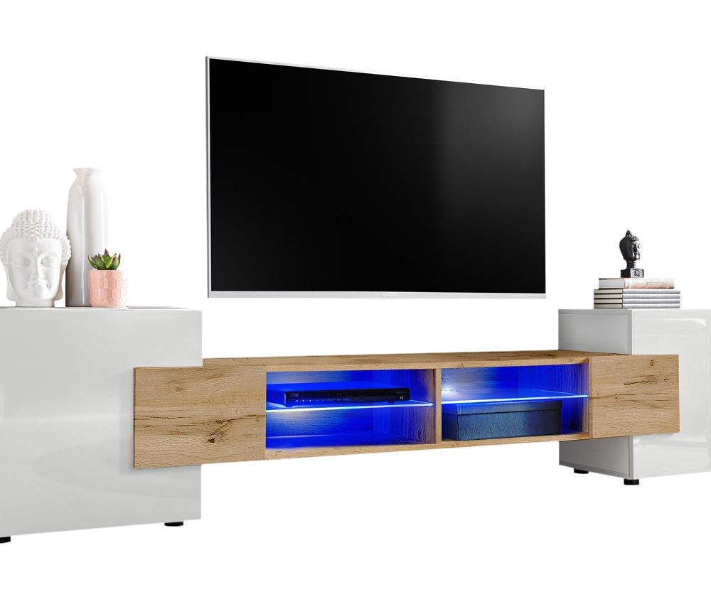 TV Schrank Merano, Weiß/Wotan LED-Beleuchtung Blau