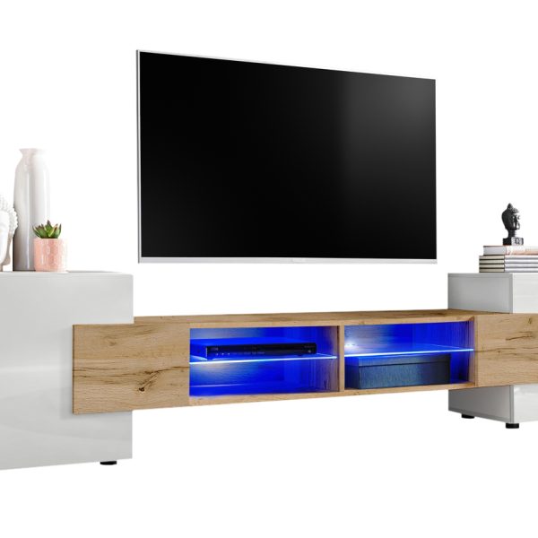 TV Schrank Merano, Weiß/Wotan LED-Beleuchtung Blau