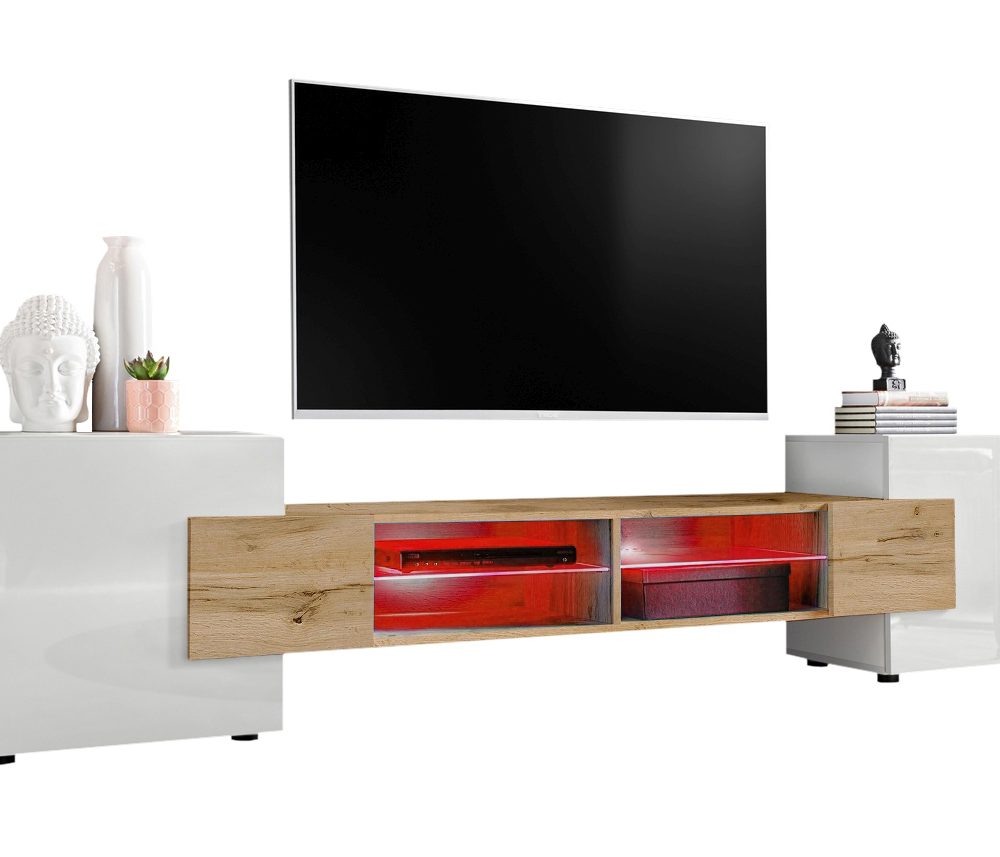 TV Schrank Merano, Weiß/Wotan, RGB LED Beleuchtung