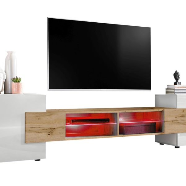 TV Schrank Merano, Weiß/Wotan, RGB LED Beleuchtung