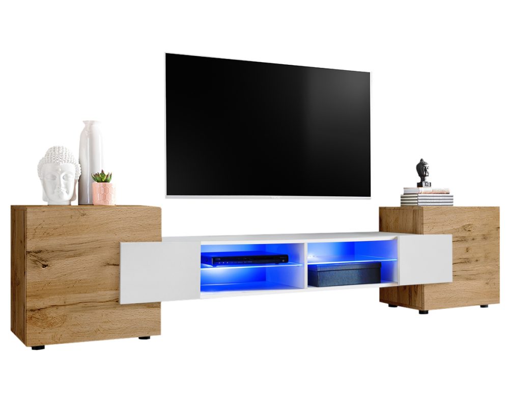 IRTVA02A03D4W04L1XXX_00 TV Schrank Merano, Wotan/Weiß LED Beleuchtung Blau – Bild 1