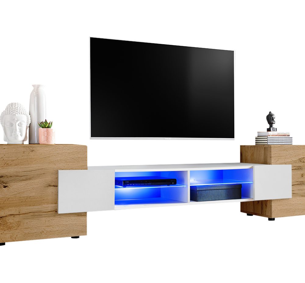 TV Schrank Merano, Wotan/Weiß LED Beleuchtung Blau