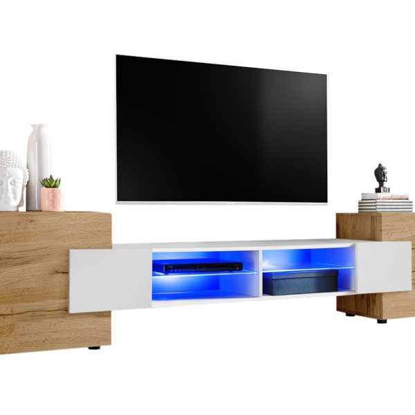 TV Schrank Merano, Wotan/Weiß LED Beleuchtung Blau