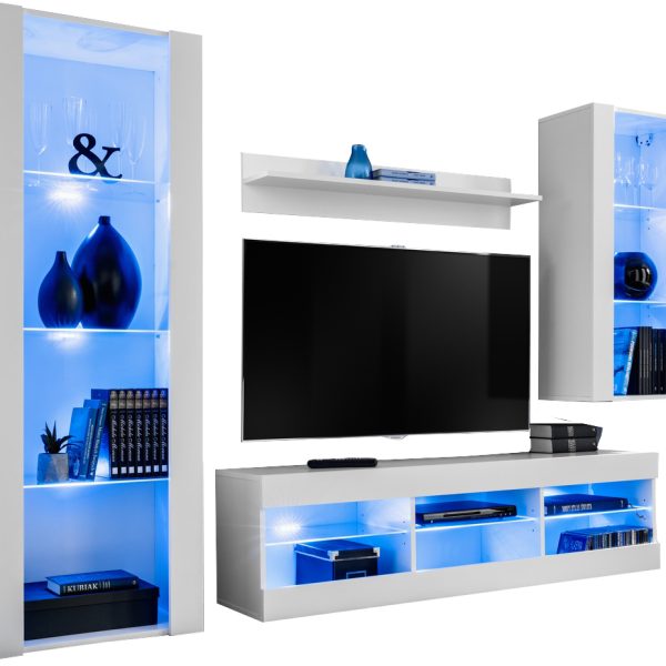 Tivoli Medio RTV Möbel Set, Weiß/Weiß LED-Beleuchtung Blau