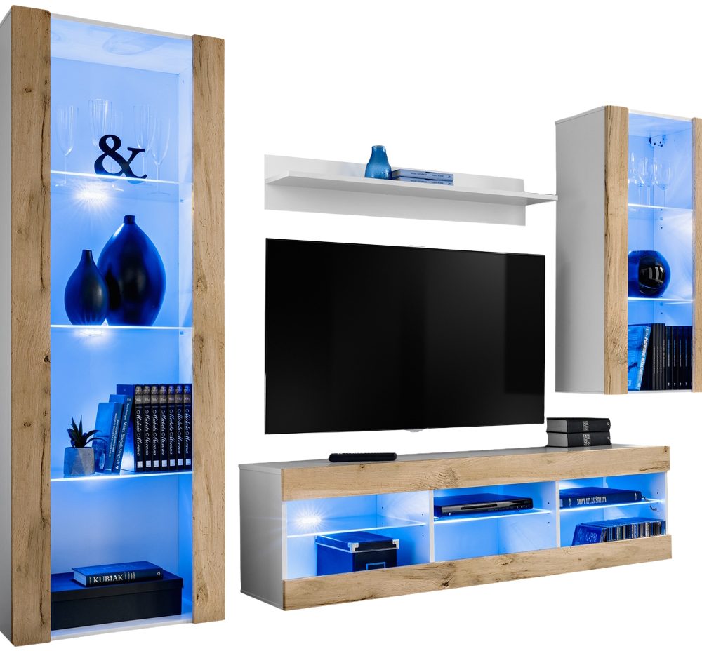 Tivoli Medio RTV Möbel Set, Wotan/Weiß LED Beleuchtung Blau