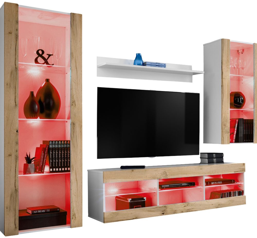 Tivoli Medio RTV Möbel Set, Wotan/Weiß LED RGB Beleuchtung