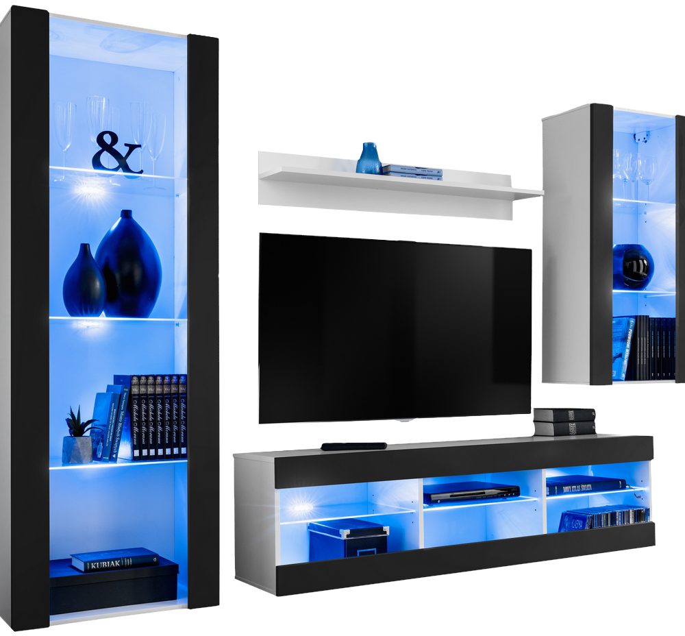 Tivoli Medio RTV Möbel Set, Schwarz/Weiß LED-Beleuchtung Blau