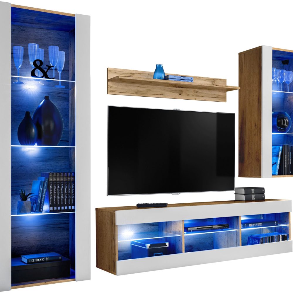 Tivoli Medio RTV Möbel Set, Weiß/Wotan LED-Beleuchtung Blau