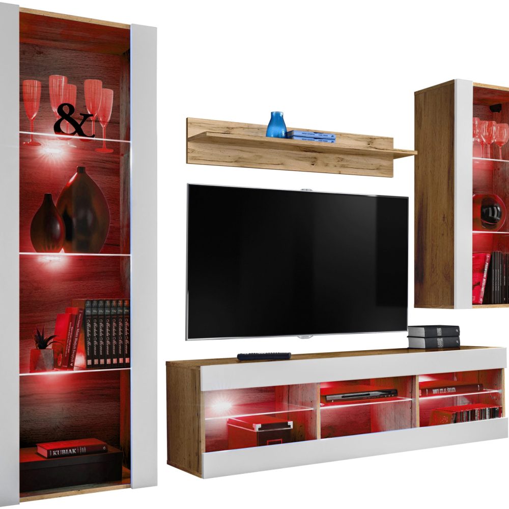 Tivoli Medio RTV Möbel Set, Weiß/Wotan RGB LED Beleuchtung