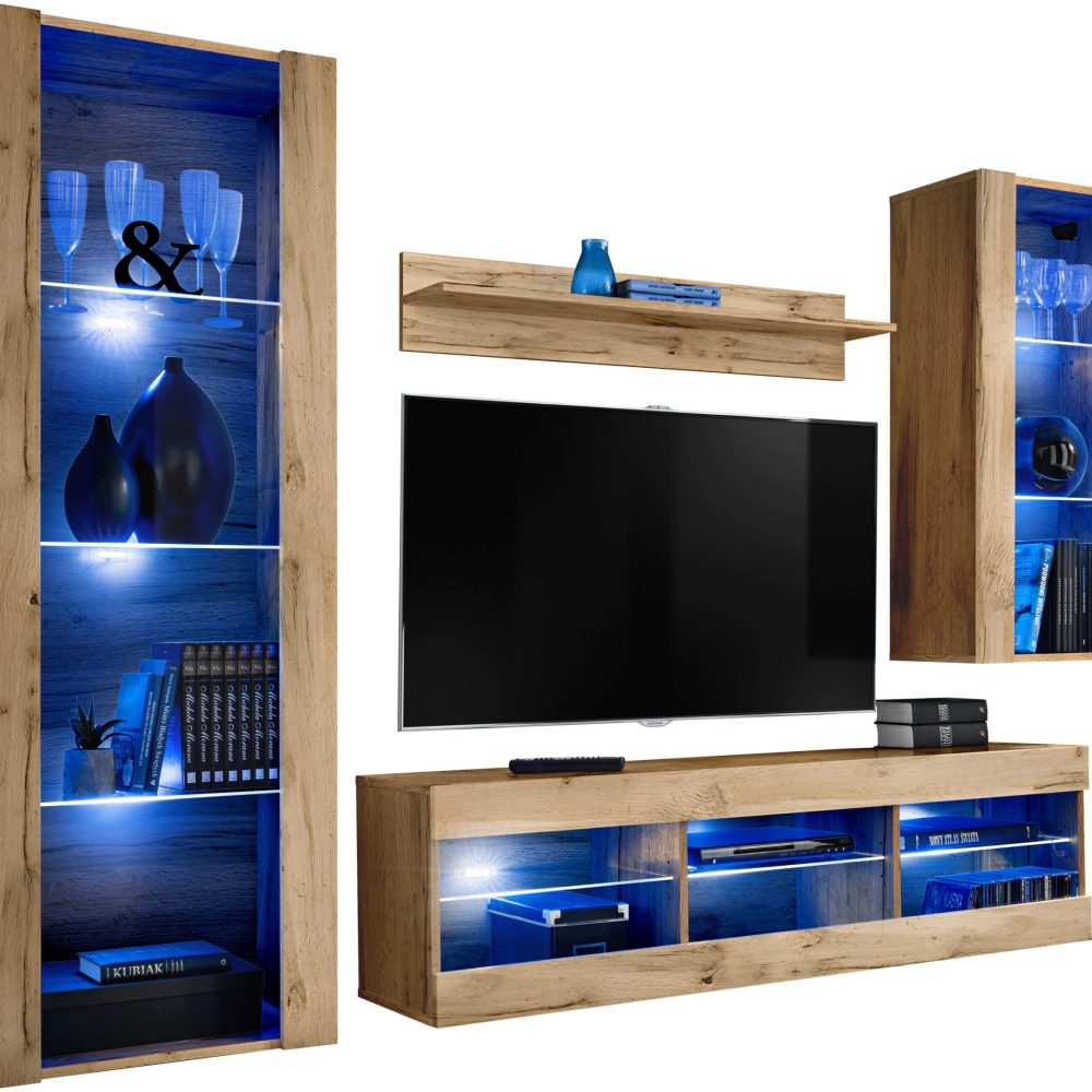 Tivoli Medio RTV Möbel Set, Wotan/Wotan LED Beleuchtung Blau