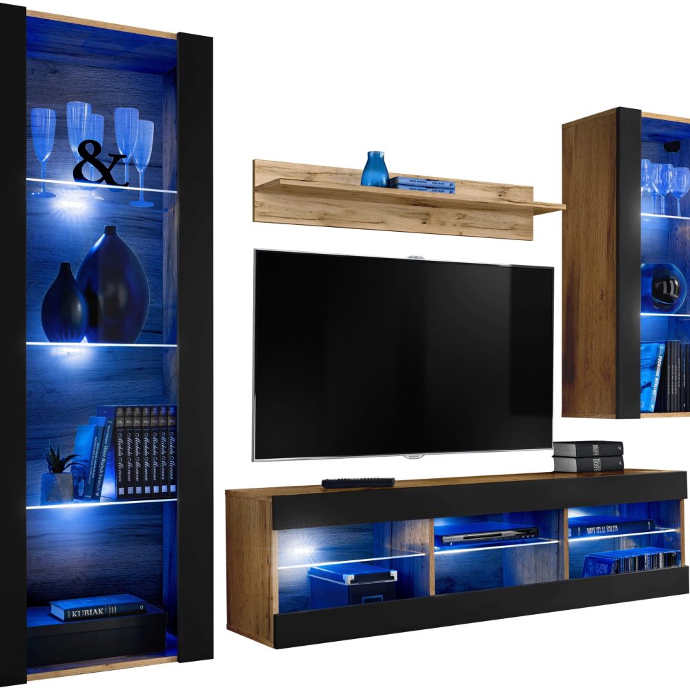 Tivoli Medio RTV Möbel Set, Schwarz/Wotan LED Beleuchtung Blau