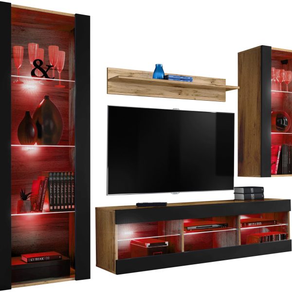 Tivoli Medio RTV Möbel Set, Schwarz/Wotan RGB LED Beleuchtung