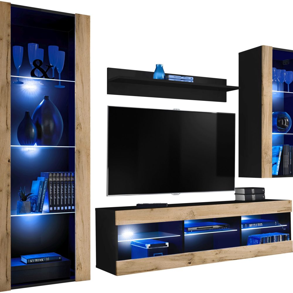 Tivoli Medio RTV Möbel Set, Wotan/Schwarz LED Beleuchtung Blau