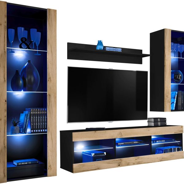 Tivoli Medio RTV Möbel Set, Wotan/Schwarz LED Beleuchtung Blau
