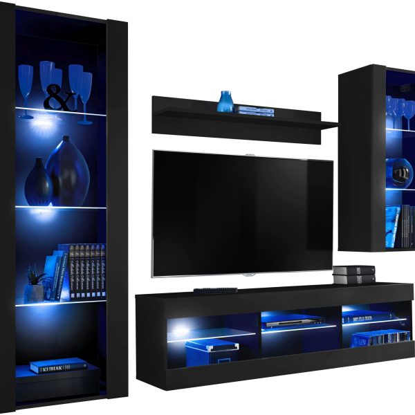 Tivoli Medio RTV Möbel Set, Schwarz/Schwarz LED Beleuchtung Blau