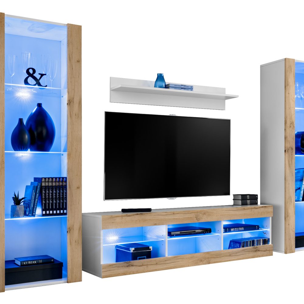 Tivoli Grande RTV Möbel Set, Wotan/Weiß LED Beleuchtung Blau