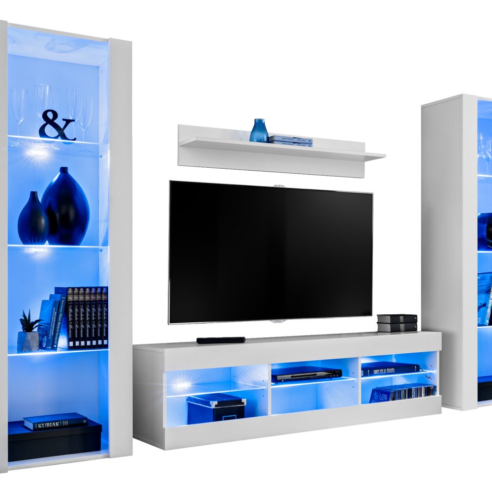 Tivoli Grande RTV Möbel Set, Weiß/Weiß LED Beleuchtung Blau
