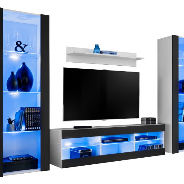 Tivoli Grande RTV Möbel Set, Schwarz/Weiß LED Beleuchtung Blau