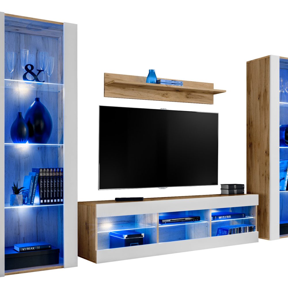 Tivoli Grande RTV Möbel Set, Weiß/Wotan LED Beleuchtung Blau